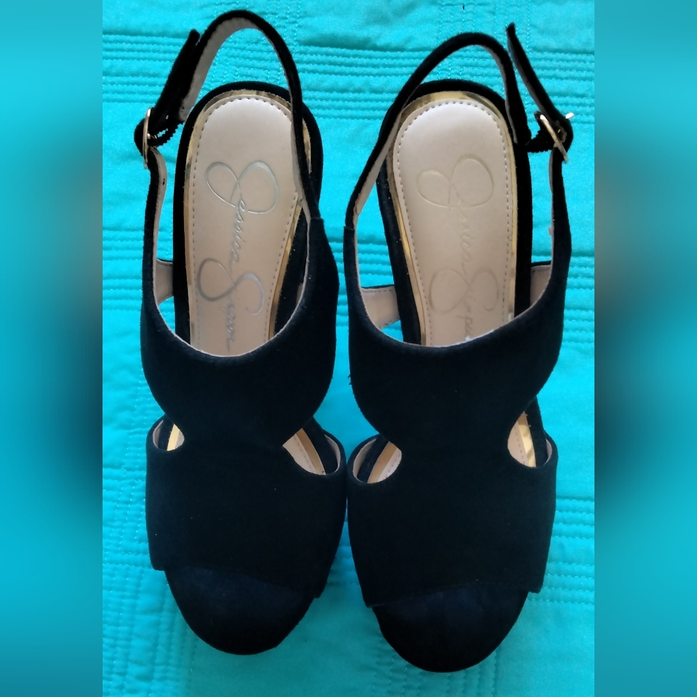 Jessica Simpson Black Suede Open-Toe Slingback Heels